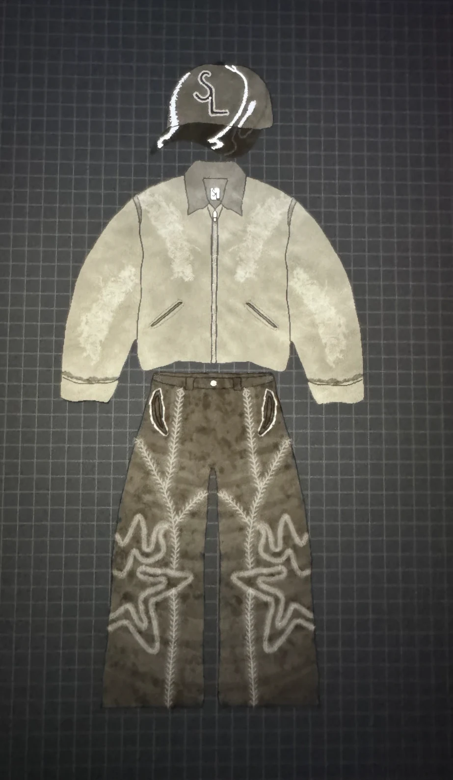 Handgezeichnete Clothing-Skizze von Justin: Cap, Jacke und Hose mit Stern-Prints